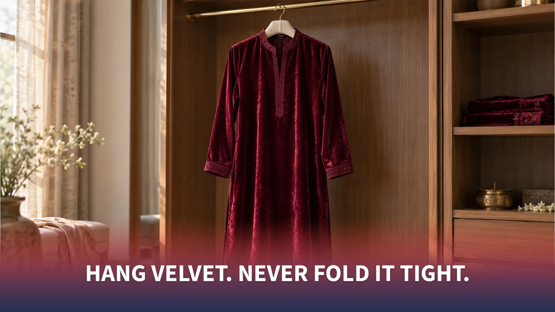 Hang Velvet. Never Fold It Tight. - Velvet care rules